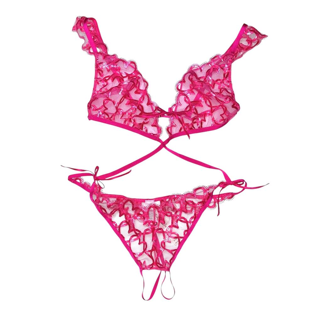 Victoria's Secret Unlined Shimmer Heart Embroidery Crotchless Teddy Size Medium